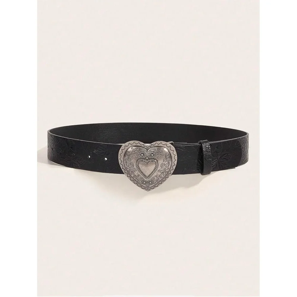 Black Floral Embossed‎ Wide Belt with Silver Heart Filigree Buckle Western Boho